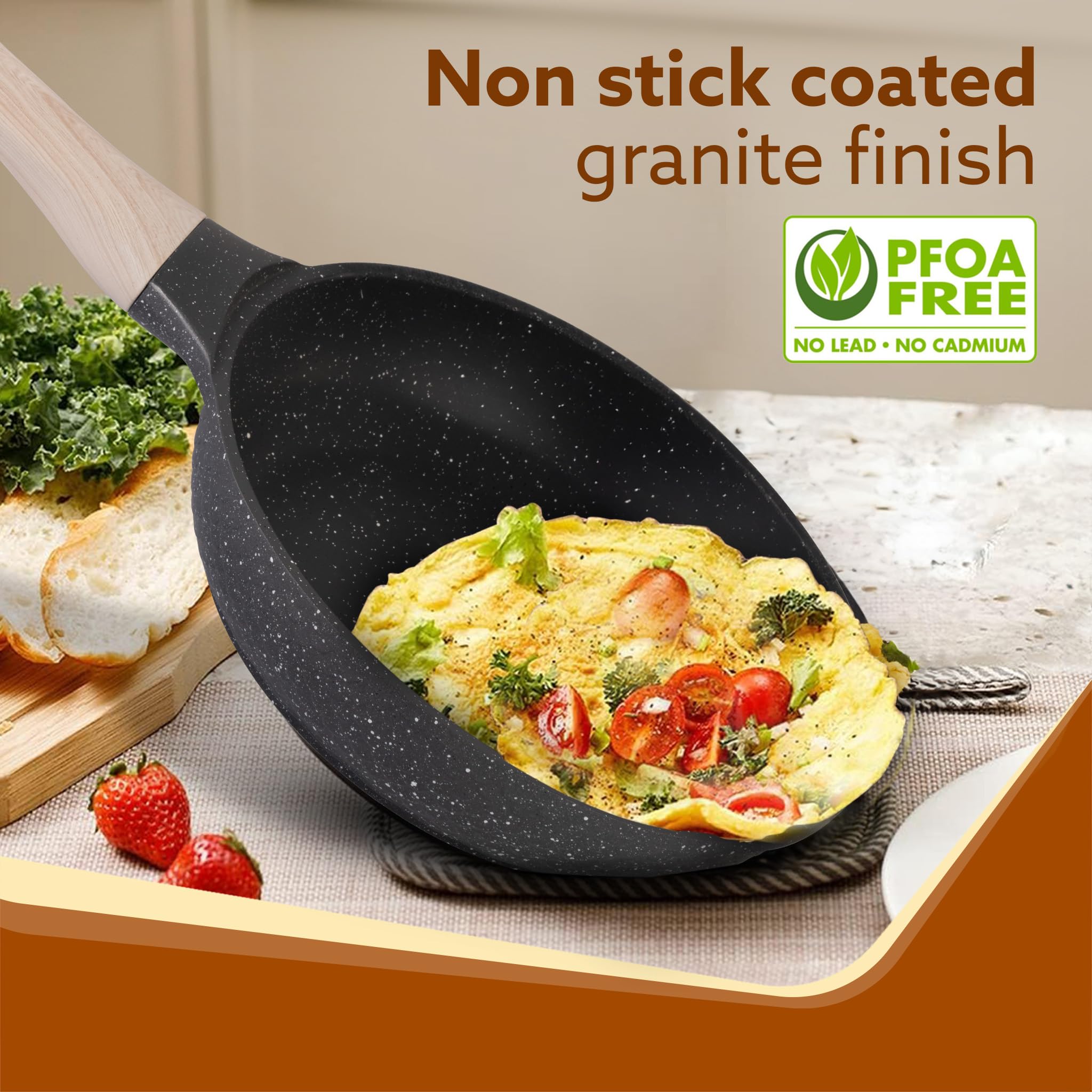 AGARO Imperial Granite Non Stick Cookware Set, 3pcs Cookware Set, 24cm Frying Pan with Glass Lid, 28cm Dosa Tawa, 28cm Kadai wit
